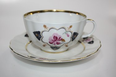 Tea Cup and Saucer Lomonosov Imperial Porcelain LFZ Gold and Flowers Hand Paint