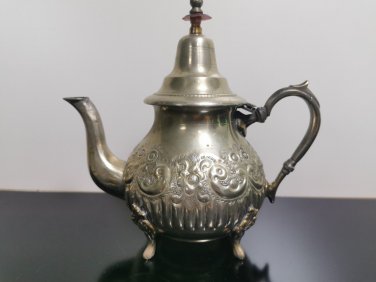 Antique Ornate Marocco Silver Plated Brass Teapot with Floral Details
