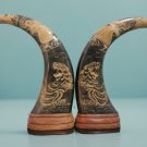 Vintage Pair Chinese Hand Carved Water Buffalo Horn Dragon and Tiger Design