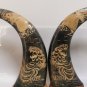 Vintage Pair Chinese Hand Carved Water Buffalo Horn Dragon and Tiger Design