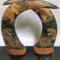 Vintage Pair Chinese Hand Carved Water Buffalo Horn Dragon and Tiger Design