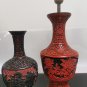 Vintage Chinese Carved Cinnabar Lacquer Black & Red Table Lamp Floral Carvings