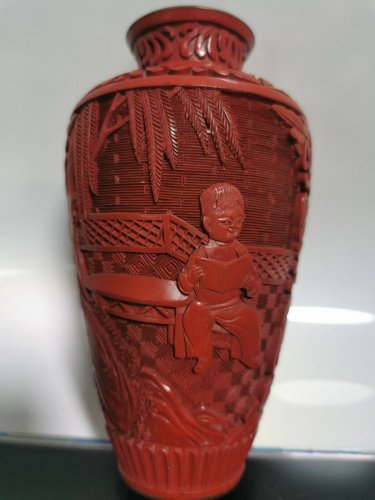 Vintage Chinese Red Cinnabar Lacquer Carved Blue Enamel Vase Cultural Revolution