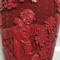 Vintage Chinese Red Cinnabar Lacquer Carved Blue Enamel Vase Cultural Revolution