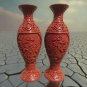 Pair of Antique Chinese Red Cinnabar Lacquer Carved Blue Enamel Vase Peony Flowe