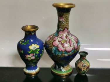 Lot of 3 Vintage Chinese Cloisonne Brass and Enamel Vases with Flowers