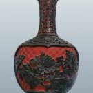 VTG Chinese Carved Cinnabar Lacquer Cabinet Black & Red Vase Floral Carvings