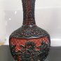 VTG Chinese Carved Cinnabar Lacquer Cabinet Black & Red Vase Floral Carvings