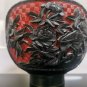VTG Chinese Carved Cinnabar Lacquer Cabinet Black & Red Vase Floral Carvings