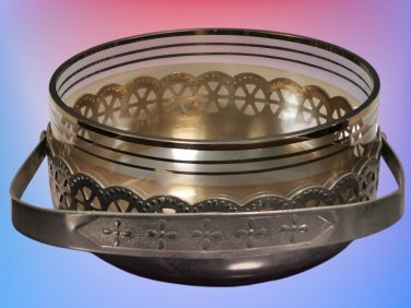 Stunning Soviet USSR Melchior Candy Dish Sugar Bowl Vintage Basket Glass Metal