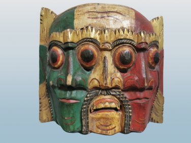 Vintage Wooden Three Face Bali Barong Devil Mask Hand Carved and Painted