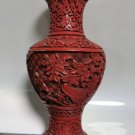 Vintage Chinese Red Cinnabar Lacquer Carved Vase Brass Inside and Flowers
