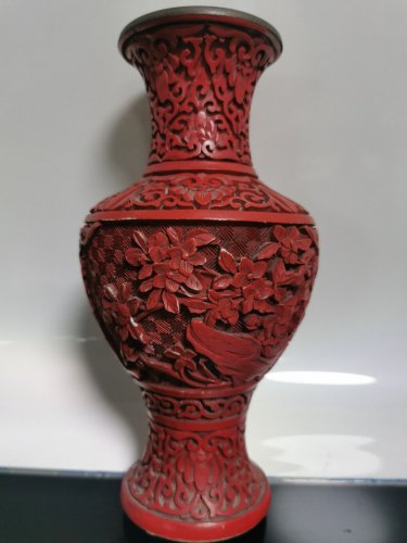 Vintage Chinese Red Cinnabar Lacquer Carved Vase Brass Inside and Flowers