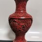 Vintage Chinese Red Cinnabar Lacquer Carved Vase Brass Inside and Flowers