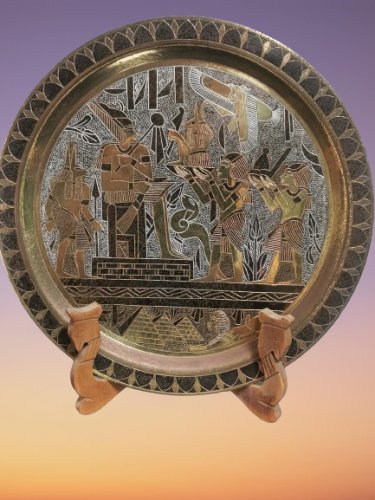 Vintage Etched Brass Egypt Collector Plate Middle Eastern Art Wall Hanging Rare