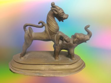 Rarest Antique Chinese Tibetian Bronze Foo Dog on Elephant Figurine Statue 2.3Kg