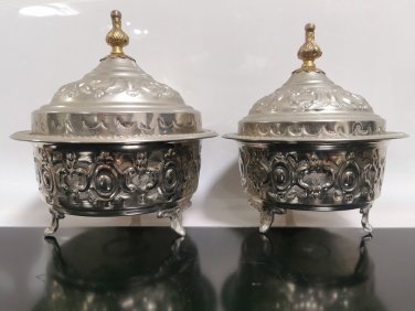 Pair of Mid 20th Century Handcrafted Moroccan Engraved Lidded Bowls Silver Plate