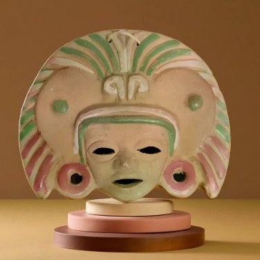 Vintage Mexican Aztec Mayan Face Mask Terracotta Clay Hand Painted Wall Hanging