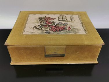 Old Vintage Trinket Jewelry Box Tapestry Embroidery Lady Knitting Collectible