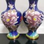 Pair Vintage Blue Cloisonne Vases Chinese Brass/Enamel Floral Garden Bird Design