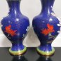 Pair Vintage Blue Cloisonne Vases Chinese Brass/Enamel Floral Garden Bird Design