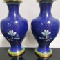 Pair Vintage Blue Cloisonne Vases Chinese Brass/Enamel Floral Garden Bird Design