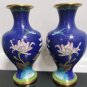 Pair Vintage Blue Cloisonne Vases Chinese Brass/Enamel Floral Garden Bird Design
