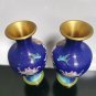 Pair Vintage Blue Cloisonne Vases Chinese Brass/Enamel Floral Garden Bird Design