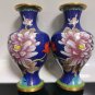 Pair Vintage Blue Cloisonne Vases Chinese Brass/Enamel Floral Garden Bird Design