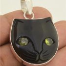 Lovely Cute Black Kitty Cat Face Peridot Eyes 925 Sterling Silver Pendant