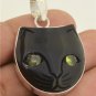 Lovely Cute Black Kitty Cat Face Peridot Eyes 925 Sterling Silver Pendant