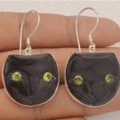 Hand Carved Kitty Cat Buffalo Horn Peridot Eyes 925 Sterling Silver Earrings
