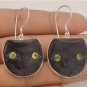 Hand Carved Kitty Cat Buffalo Horn Peridot Eyes 925 Sterling Silver Earrings