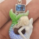 Beautiful Mermaid Artist Painted Blue Topaz 925 Sterling Silver Charm Pendant