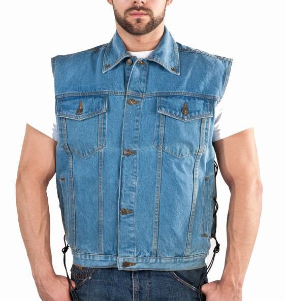 Mens Blue Denim Sleeveless Cotton Button up Shirt / Vest side laces