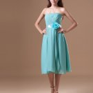 Chiffon Ruffle Flower Strapless Tea Length Pleated Bridesmaid Dress