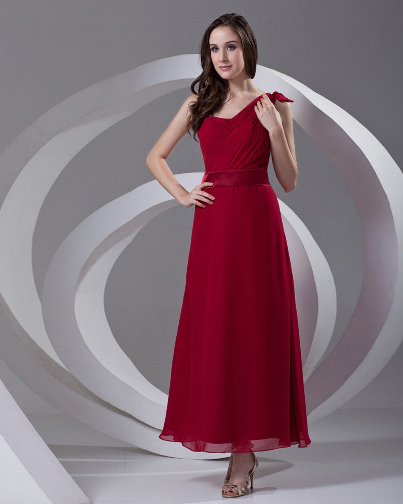 One Shoulder Pleated Ankle Length Chiffon Woman Bridesmaid Dress