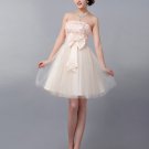 Applique Bow Decoration Strapless Knee Length Tulle Bridesmaid Dress