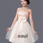 Applique Bow Decoration Strapless Knee Length Tulle Bridesmaid Dress