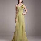 One Shoulder Flower Pleated Floor Length Chiffon Woman Bridesmaid Dress