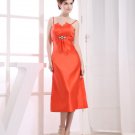 Silk Satin Beading Spaghetti Straps Sleeveless Backless Tea Length Bridesmaid Dress