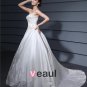 Satin Beading Embroidery Strapless Chapel A-line Bridal Gown Wedding Dress