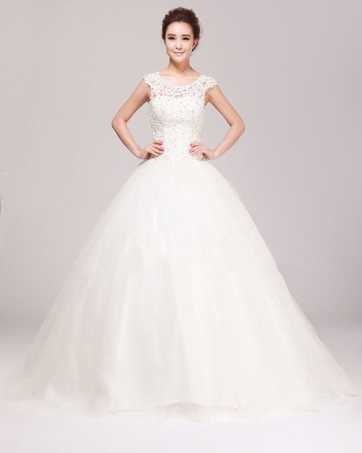 Round Neck Rhinestone Applique Lace A Line Wedding Dress