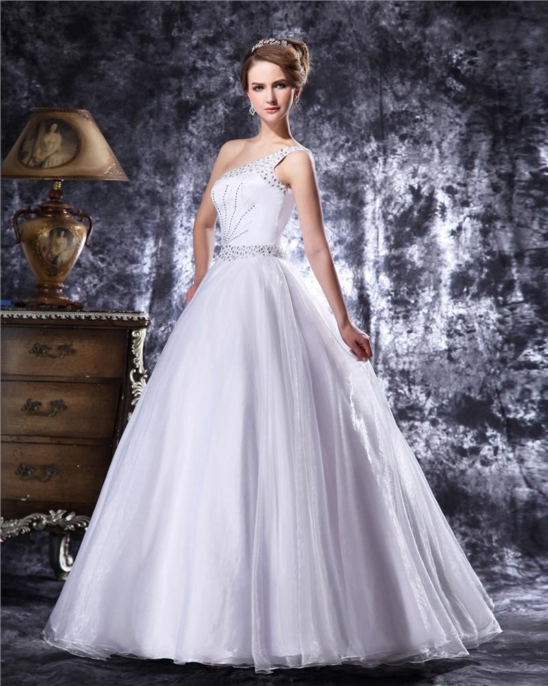 Elegant Beading Floor Length One Shoulder Satin A Line Wedding Dress