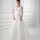 Organza Beads Flower V Neck Court Train Long Sleeve A Line Wedding Dress
