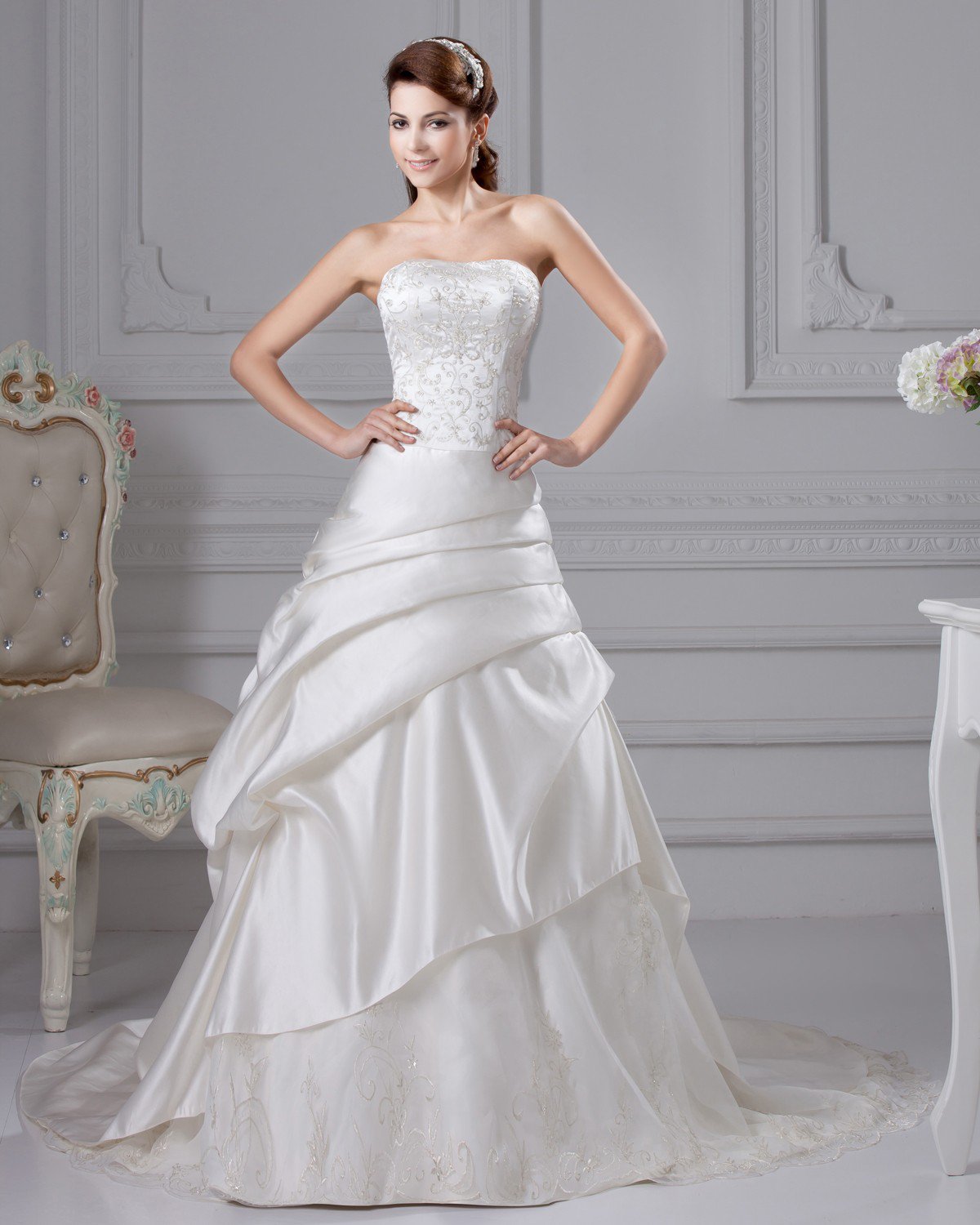 Taffeta Embroidery Ruffle Court A Line Bridal Gown Wedding Dresses