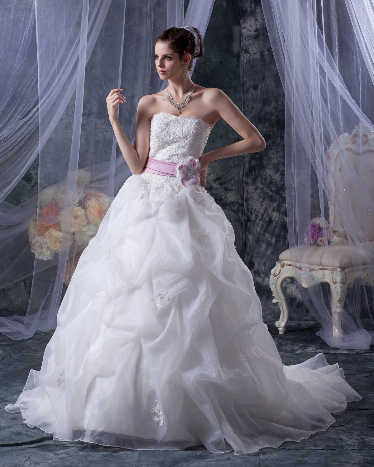 Elegant Mermaid Strapless Organza Satin Embroidery A Line Wedding Dress
