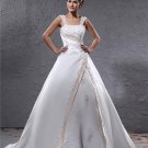 Elegant Satin Applique Beaded Shoulder Straps Floor Length Ball Gown Wedding Dress