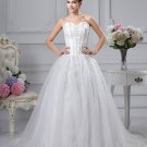 Lace Applique Sleeveless Satin Sweetheart Cathedral Train Ball Gown Wedding Dress