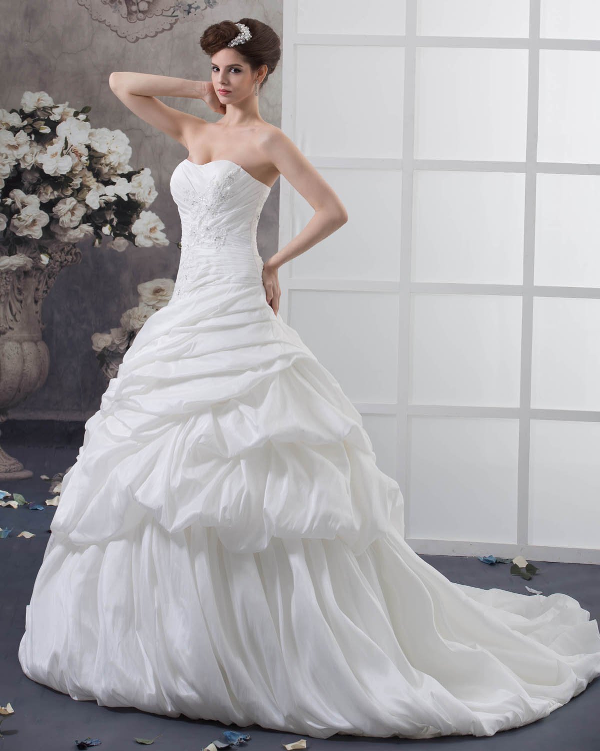 Taffeta Ruffles Beading Applique Court Empire Bridal Gown Wedding Dress